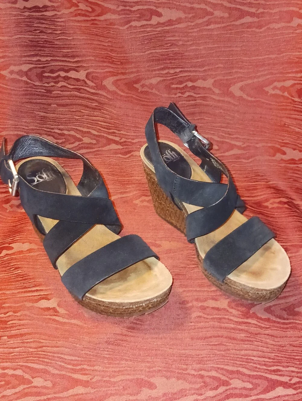 SOFFT Black Leather Buckle Strappy Black Wedge Women's Size 7M